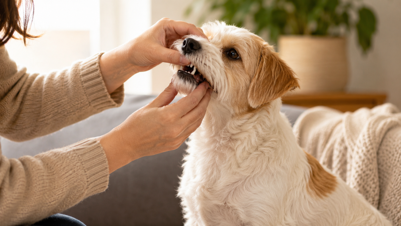 犬の口の中を確認している様子