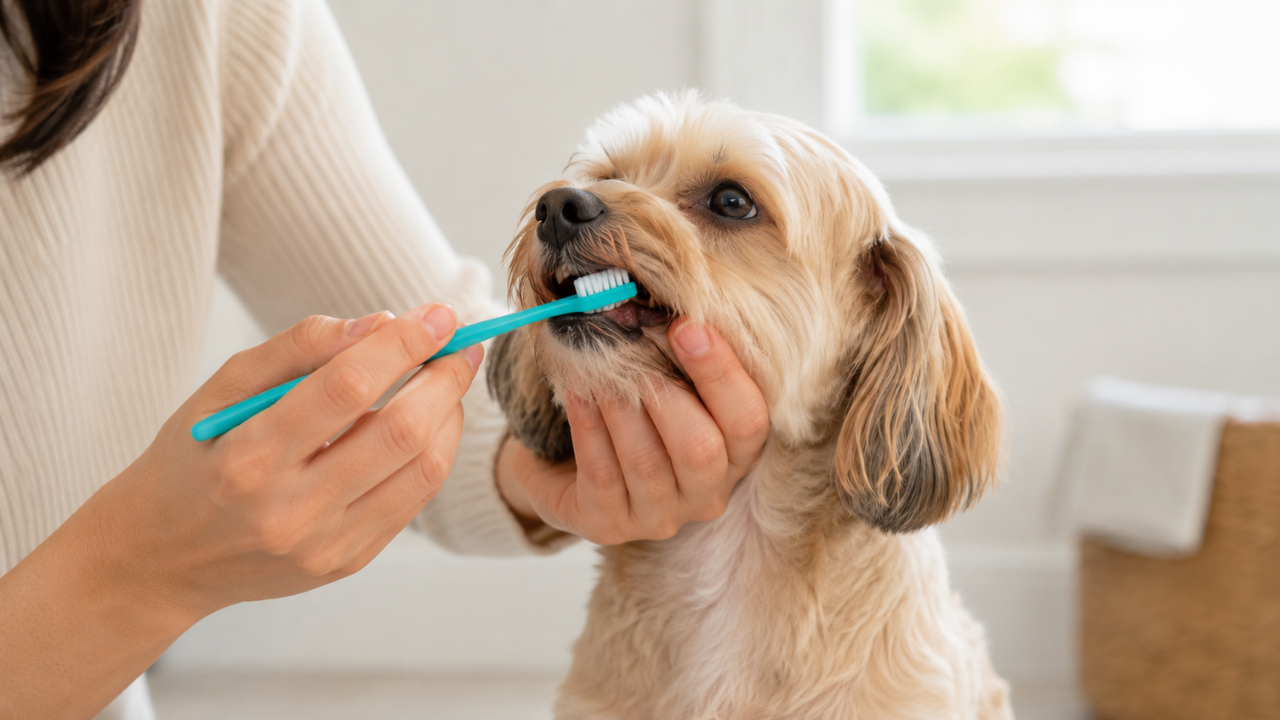 犬の歯を歯ブラシで磨いている様子